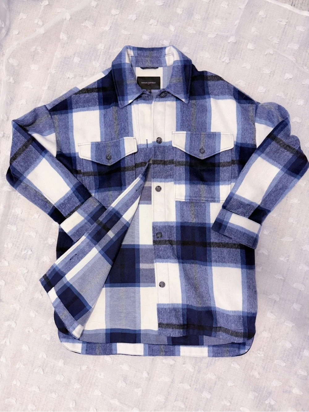 New! Soft Banana Republic Blue White Plaid Shirt Jacket Oversized Size S